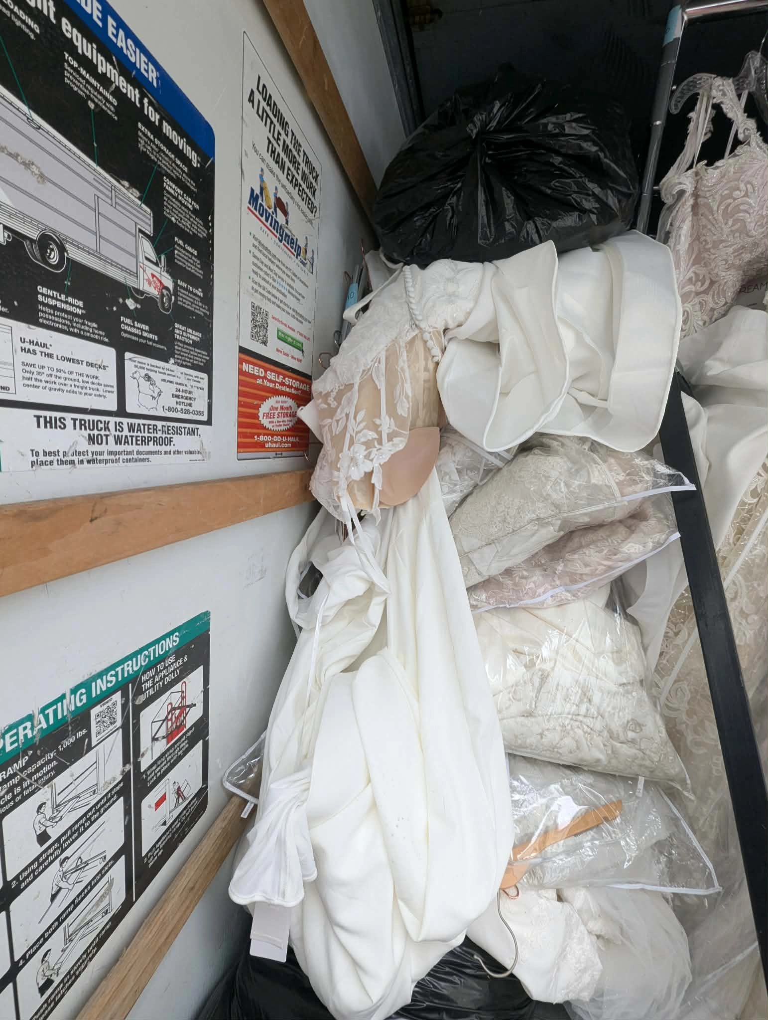 Truck interior packed with gowns and cargo